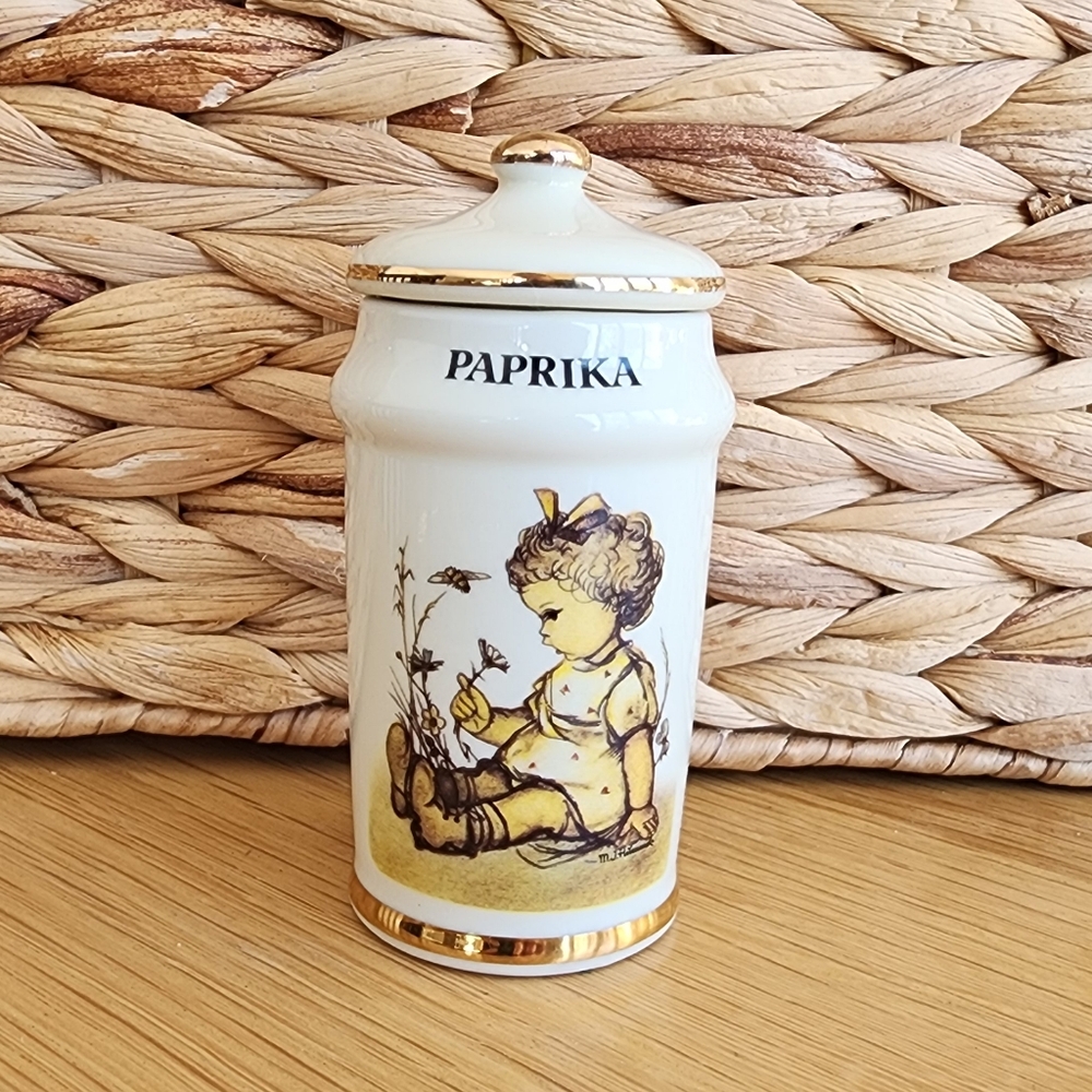 Vintage M. J. Hummel Paprika Ceramic Dpice Jar with Gold Accents